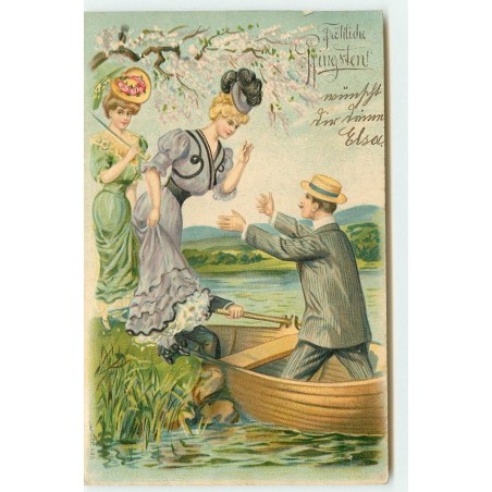 n°15593 - Carte Gaufrée - Fröhliche Pfingsten - Jeunes femmes montant dans une barque
