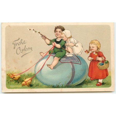 n°15615 - Carte Gaufrée - Flatscher - Fröhe Ostern - Enfants sur un oeuf tiré par des poussins