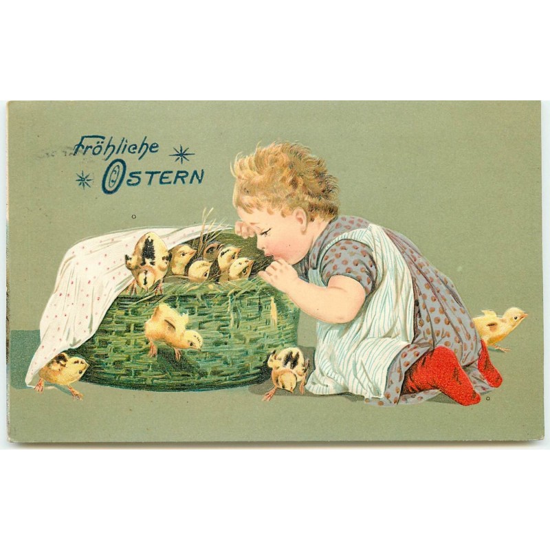 n°15618 - Carte Gaufrée - Fröhliche Ostern - Fillette regardant des poussins dans un panier