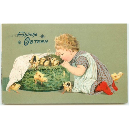 n°15618 - Carte Gaufrée - Fröhliche Ostern - Fillette regardant des poussins dans un panier