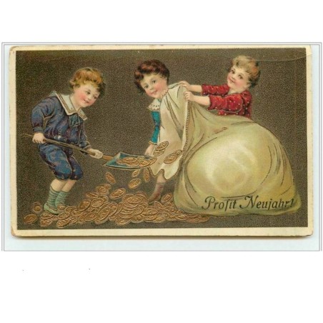 n°1562 - Prosit Neujahr - Enfants remplissant un sac de pièces d'or