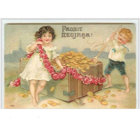 n°1563 - Carte Gaufrée - Prosit Neujahr - Enfants avec une caisse de pièces d'or