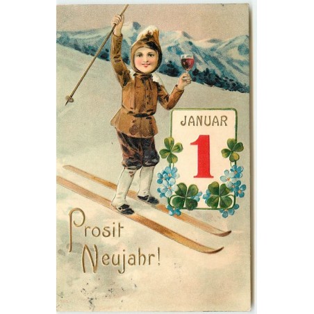 n°15633 - Carte Gaufrée - Prosit Neujahr - Enfant sur des skis et un verre à la main