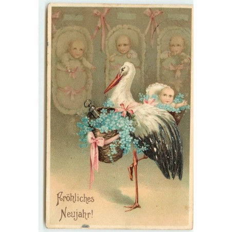 n°15637 - Carte Gaufrée - Fröhliches Neujahr - Cigogne portant des paniers, dans l'un d'eux un bébé