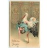 n°15637 - Carte Gaufrée - Fröhliches Neujahr - Cigogne portant des paniers, dans l'un d'eux un bébé