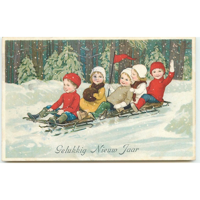 n°15638 - Gelukkig Nieuw Jaar - Flatscher - Enfants sur une luge