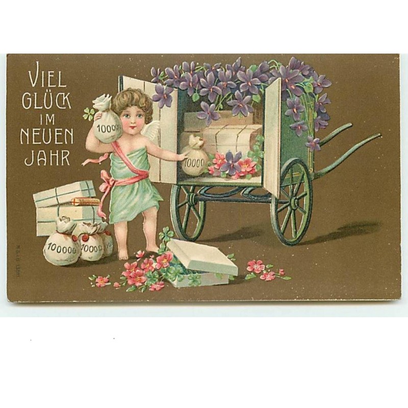 n°10535 - Carte Fantaisie Gaufrée - Viel Gluck im  Neuen Jahr - Angelots et sacs de pièces
