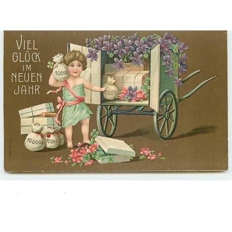 n°10535 - Carte Fantaisie Gaufrée - Viel Gluck im  Neuen Jahr - Angelots et sacs de pièces