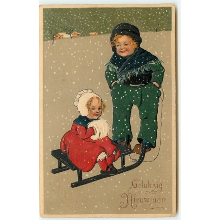 n°15639 - Carte Gaufrée - Flatscher - Gelukkig Nieuwjaar - Garçon près d'une fillette assise sur une luge sous la neige