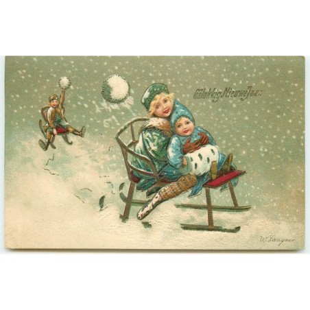 n°15640 - Carte Gaufrée - W. Langner - Gelukkig Nieuwejaar - Enfants sur des luges