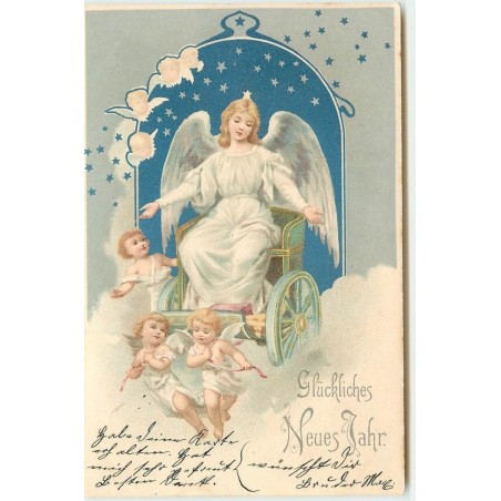 n°15643 - Glückliches Neues Jahr - Anges tirant un chariot où se trouve assis un ange gardien
