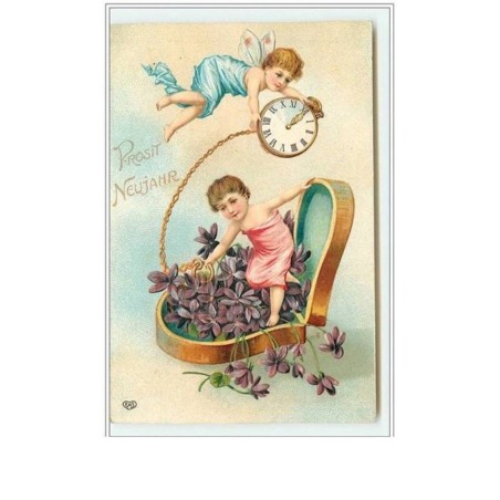 n°1565 - Carte Gaufrée - Prosit Neujahr - Angelots avec une montre