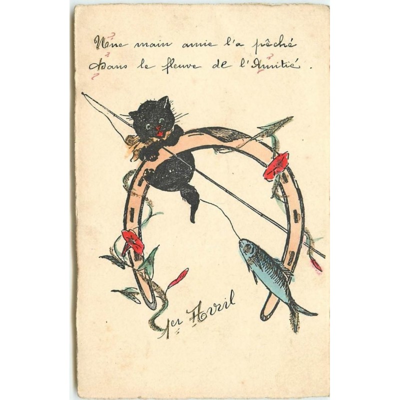 n°15659 - Une main amie ... de l'Amitié - Chat noir pêchant un poisson, fer à cheval