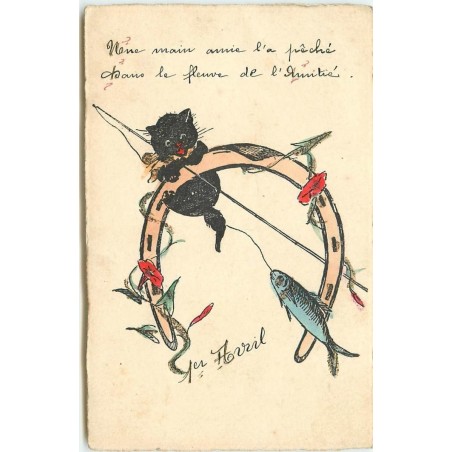 n°15659 - Une main amie ... de l'Amitié - Chat noir pêchant un poisson, fer à cheval