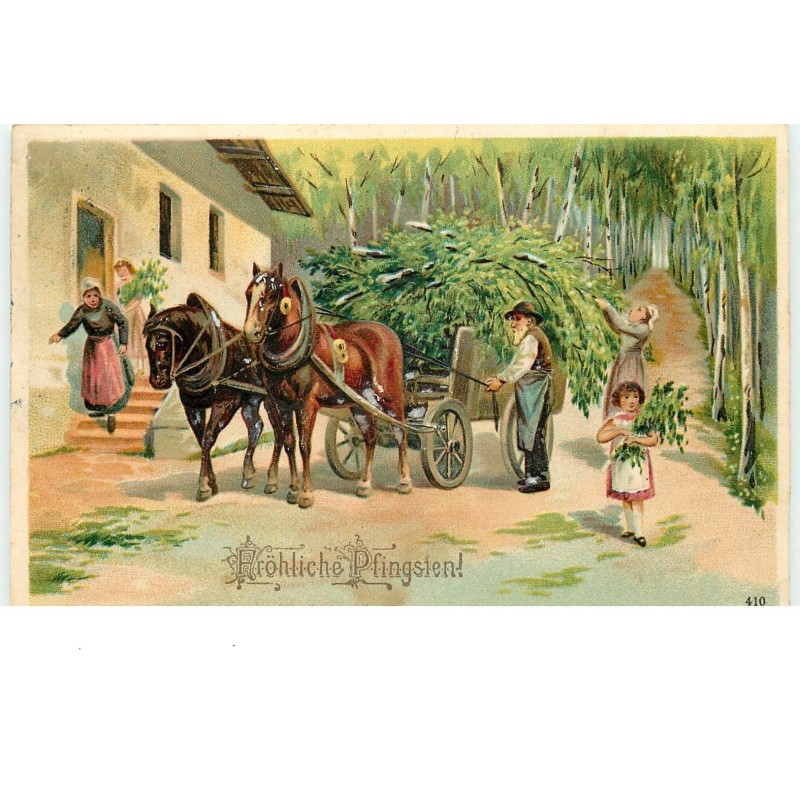 n°15662 - Carte Gaufrée - Fröhliche Pfingsten - Chargement de bois dans une charette tirée par des chevaux