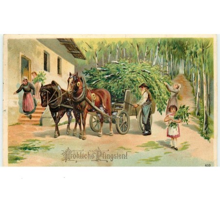 n°15662 - Carte Gaufrée - Fröhliche Pfingsten - Chargement de bois dans une charette tirée par des chevaux