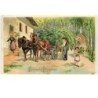 n°15662 - Carte Gaufrée - Fröhliche Pfingsten - Chargement de bois dans une charette tirée par des chevaux