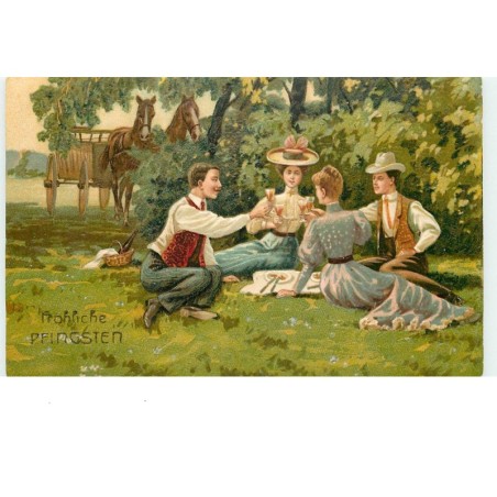 n°15664 - Carte Gaufrée - Fröhliche Pfingsten - Couples trinquant lors d'un pique-nique