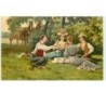 n°15664 - Carte Gaufrée - Fröhliche Pfingsten - Couples trinquant lors d'un pique-nique