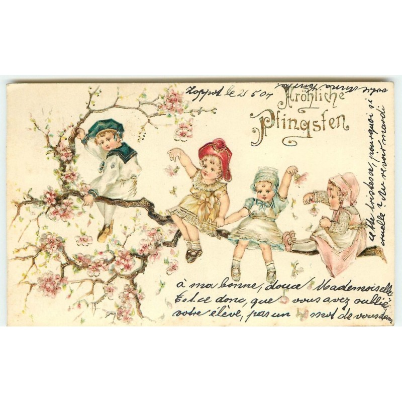 n°15667 - Carte Gaufrée - Fröhliche Pfingsten - Enfants assis sur une branche