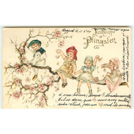 n°15667 - Carte Gaufrée - Fröhliche Pfingsten - Enfants assis sur une branche