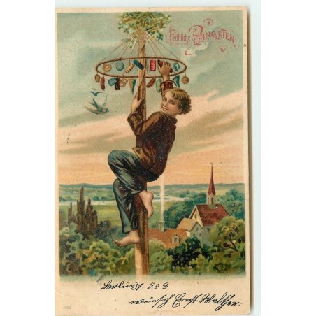 n°15668 - Fröhliche Pfingsten - Garçon en haut d'un mat de cocagne prenant une friandise