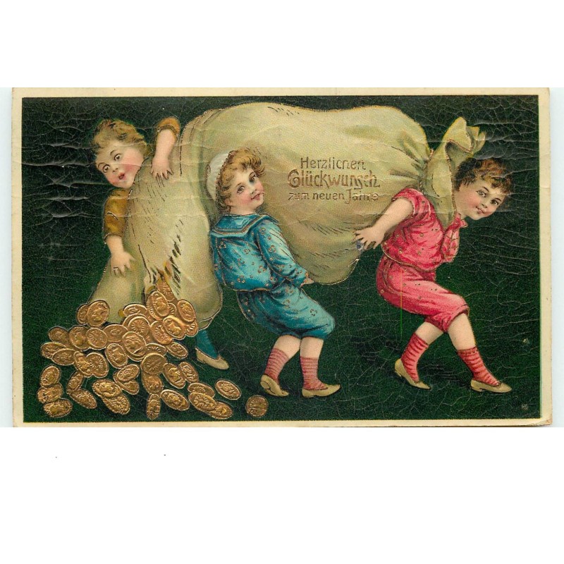 n°15676 - Herzlichen Glückwunsch zum neuen Jahre - Enfants portant un sac rempli de pièces d'or