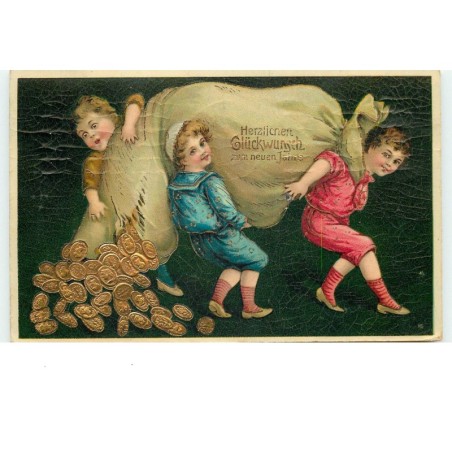n°15676 - Herzlichen Glückwunsch zum neuen Jahre - Enfants portant un sac rempli de pièces d'or