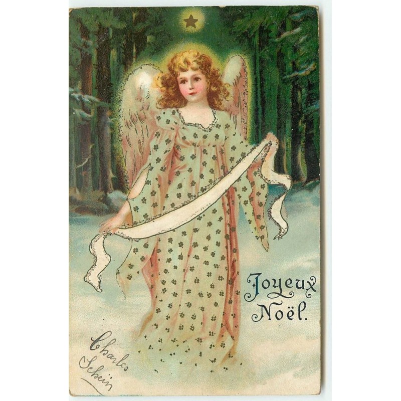 n°15683 - Clapsaddle - Joyeux Noël - Ange portant un ruban dans la forêt la nuit