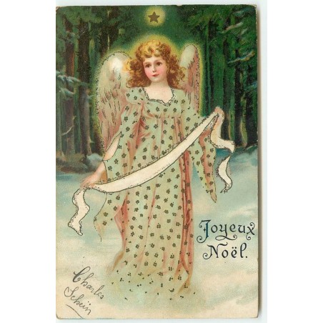 n°15683 - Clapsaddle - Joyeux Noël - Ange portant un ruban dans la forêt la nuit