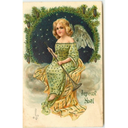 n°15684 - Carte Gaufrée - Joyeux Noël - Ange assis tenant une trompette