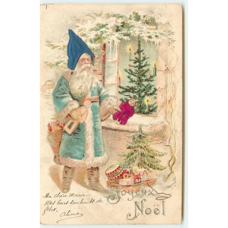 n°15689 - Carte Gaufrée - Joyeux Noël - Père Noël déposant une poupée sur le rebord d'une fenêtre