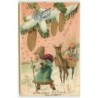 n°15690 - Carte Gaufrée - Hesolyett Swiat - Père Noël suivi d'une biche portant des paniers remplis de cadeaux