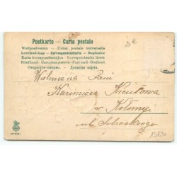 n°15690 - Carte Gaufrée - Hesolyett Swiat - Père Noël suivi d'une biche portant des paniers remplis de cadeaux
