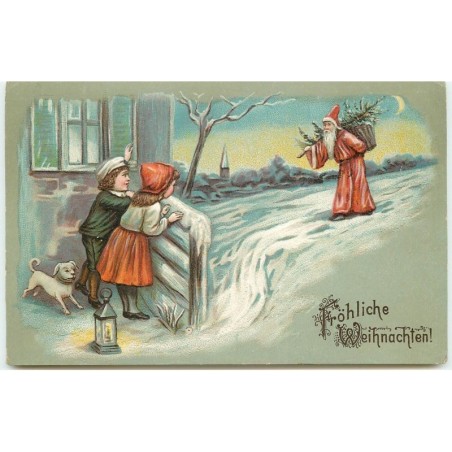 n°15692 - Carte Gaufrée - Fröhliche Weihnachten - Enfants regardant le Père Noël
