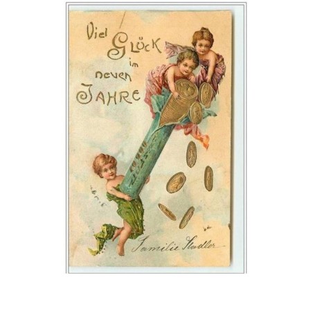 n°1572 - Carte Gaufrée - Viel Glück zum Neuen Jahre - Enfants avec un rouleau de pièces d'or