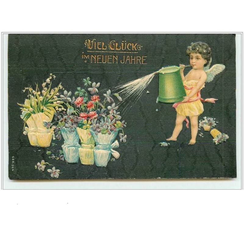 n°1575 - Carte Gaufrée - Viel Glück im Neuen Jahre - 1908 - Angelot arrosant des fleurs