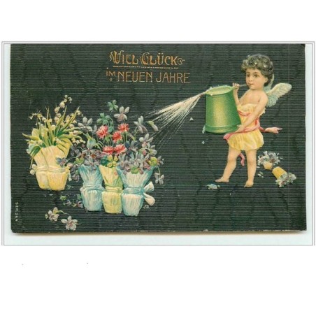 n°1575 - Carte Gaufrée - Viel Glück im Neuen Jahre - 1908 - Angelot arrosant des fleurs
