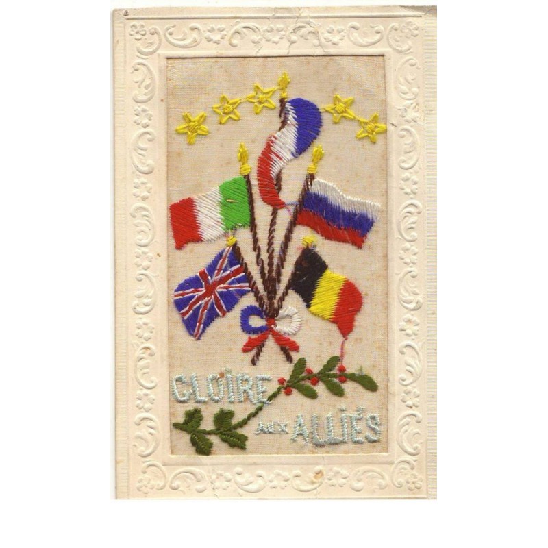 n°15801 - Carte Brodée - Gloire aux Alliés - Drapeaux