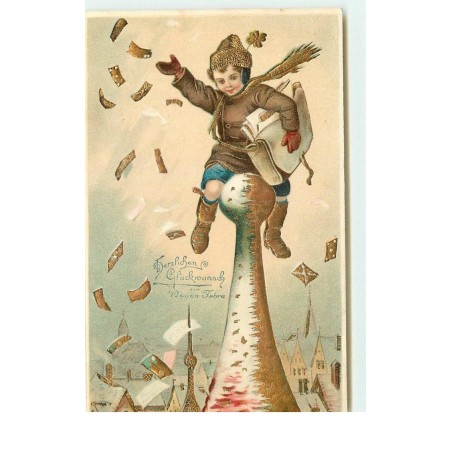 n°15806 - Carte Gaufrée - Herzlichen Glückmunsch zum Neuen Jahre - Enfant sur le toit d'une église