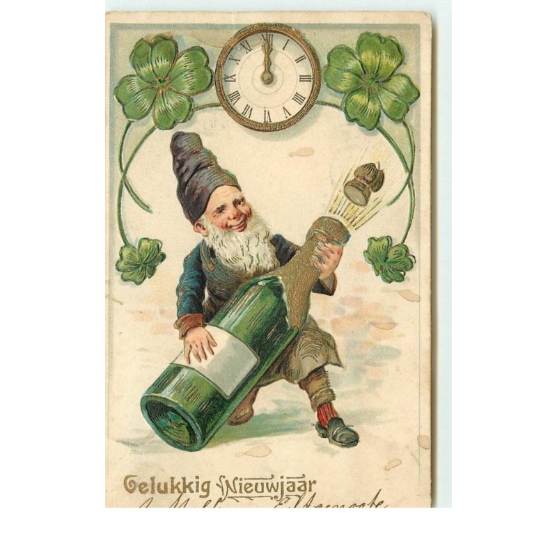 n°15820 - Carte Gaufrée - Gelukkig NieuwJaar - Nain débouchant une bouteille de Champagne