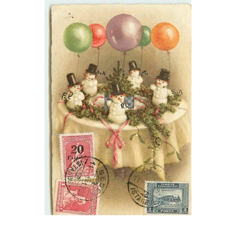 n°15829 - Table décorée avec des petits bonhomme de neige tenant des ballons - cachet Istanbul