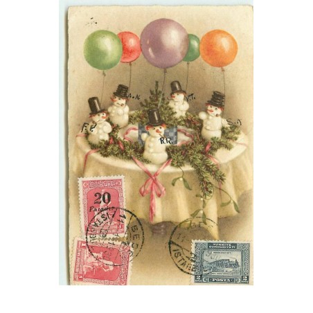 n°15829 - Table décorée avec des petits bonhomme de neige tenant des ballons - cachet Istanbul