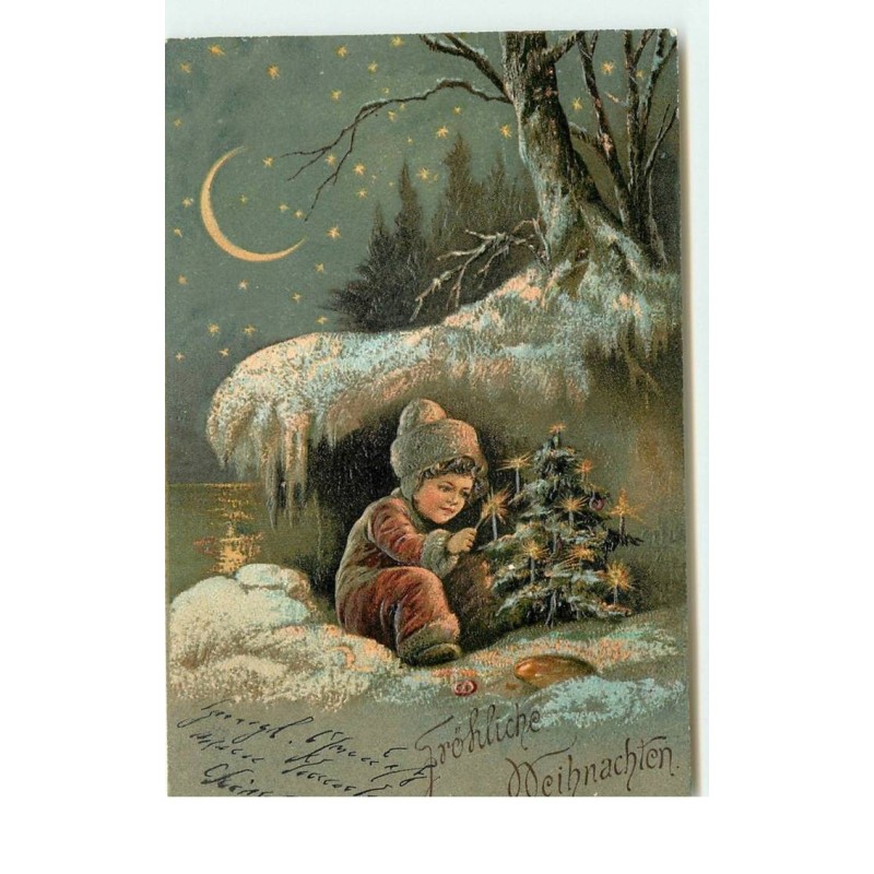 n°15831 - Carte Gaufrée - Fröhliche Weihnachten - Garçon allumant des bougies sur un sapin