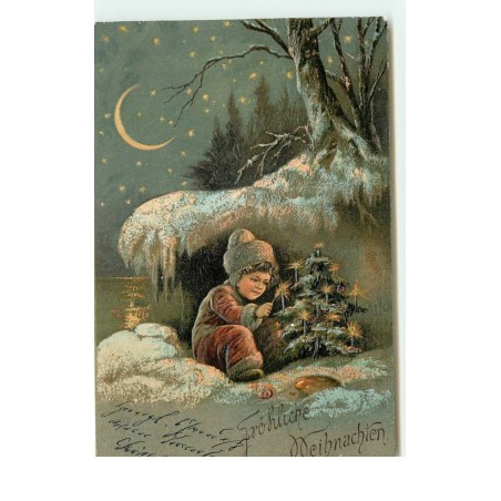 n°15831 - Carte Gaufrée - Fröhliche Weihnachten - Garçon allumant des bougies sur un sapin