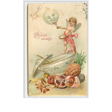 n°1584 - Carte Gaufrée - Bonne Année - Angelot avec un verre et une montre