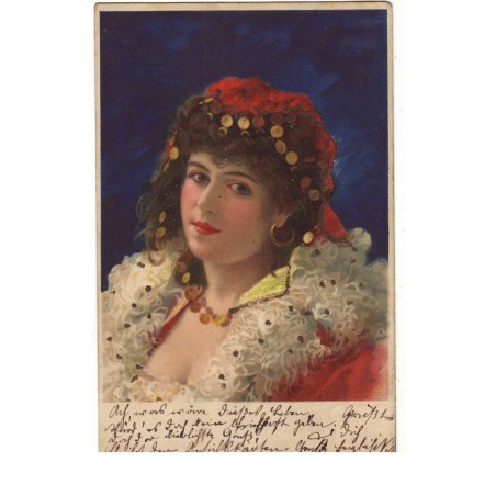 n°15847 - Carte avec strasses - Jeune fille en tenue de gitane