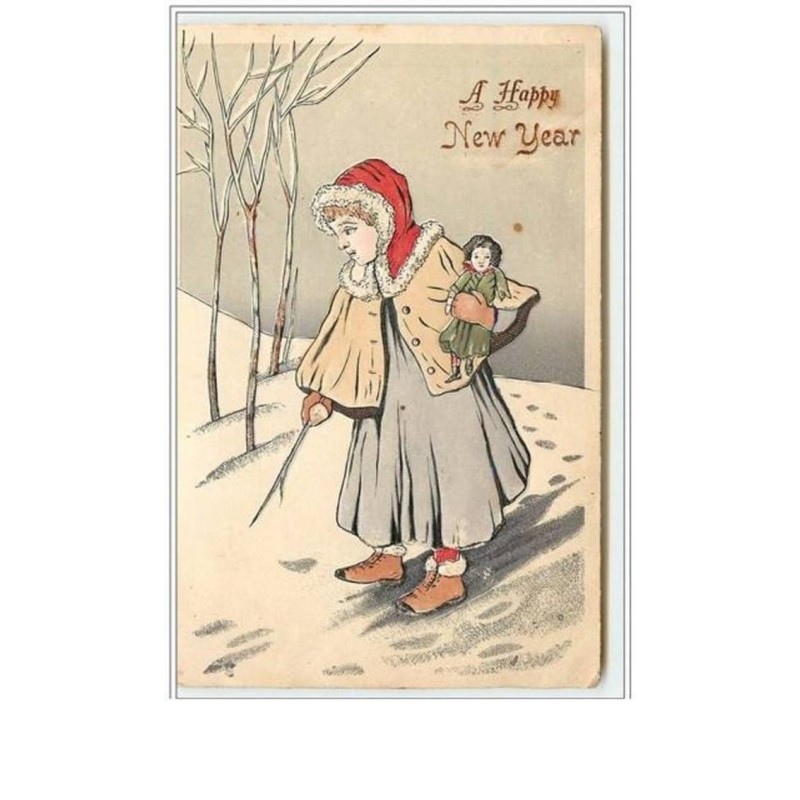 n°1585 - Carte Gaufrée - A Happy New Year - Fillette dans la neige avec sa poupée
