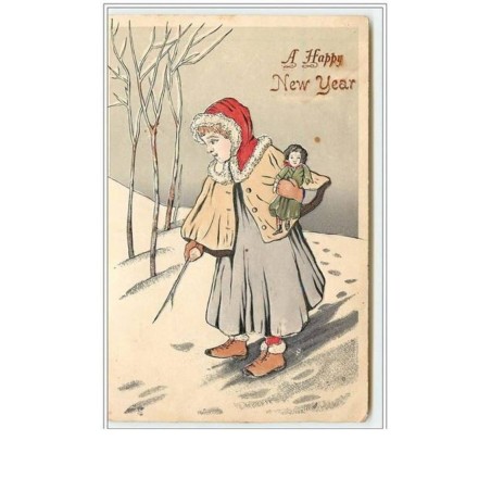 n°1585 - Carte Gaufrée - A Happy New Year - Fillette dans la neige avec sa poupée