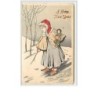 n°1585 - Carte Gaufrée - A Happy New Year - Fillette dans la neige avec sa poupée
